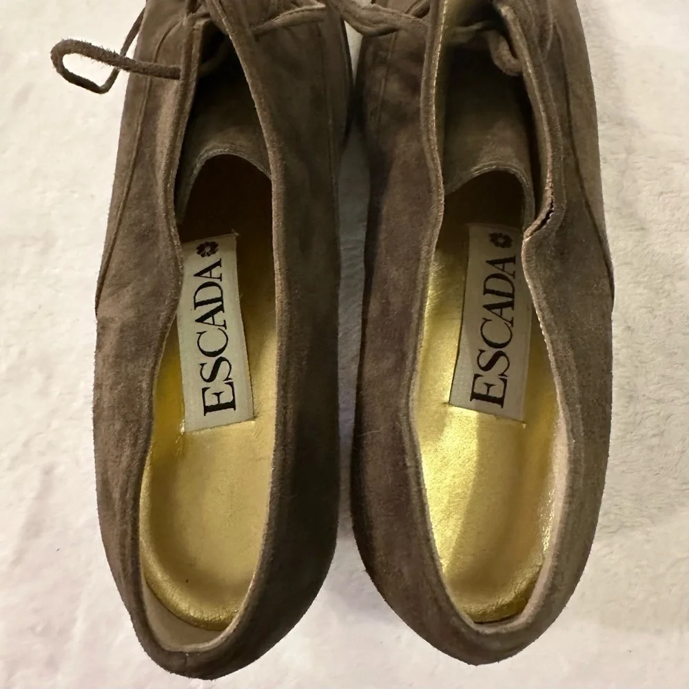 Vintage ESCADA Green/Brown Suede Lace-Up Bootie Funky Heel Pumps 8 AA Narrow